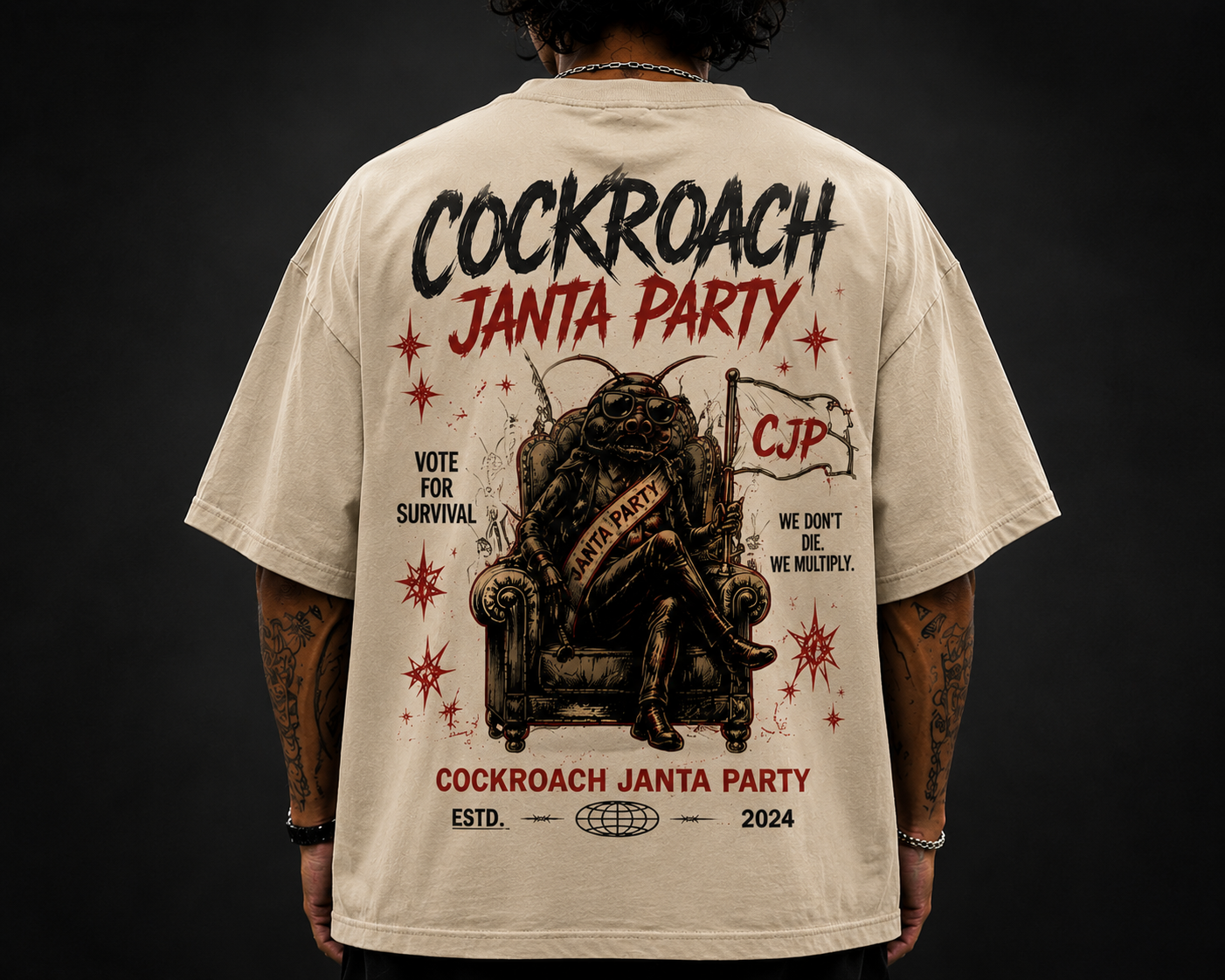 Cockroach Janta Party Oversized Tee — Beige