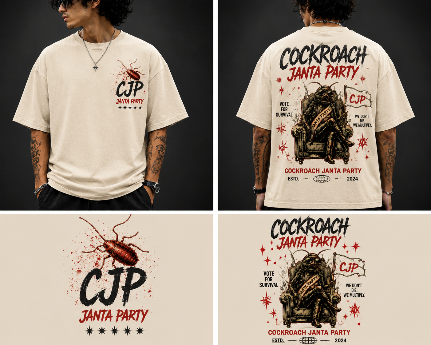 Cockroach Janta Party Oversized Tee — Beige