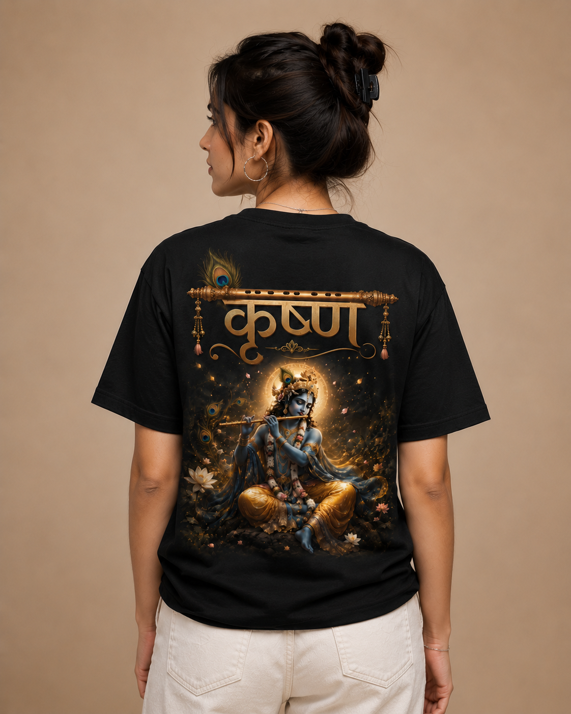 NYVRA Krishna Divine Graphic T-Shirt  | Aesthetic Spiritual Back Print Tee | Regular Fit Black Cotton Tshirt