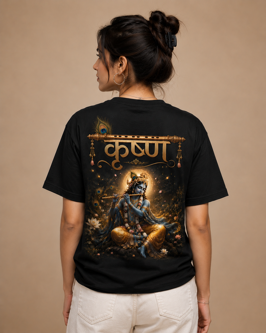 NYVRA Krishna Divine Graphic T-Shirt  | Aesthetic Spiritual Back Print Tee | Regular Fit Black Cotton Tshirt