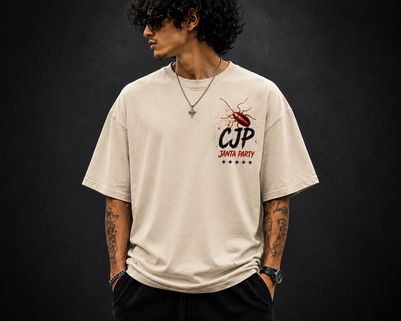 Cockroach Janta Party Oversized Tee — Beige