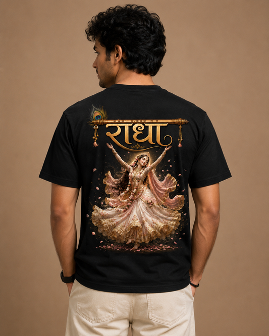 NYVRA Radha Divine Oversized Graphic T-Shirt for Men | Spiritual Aesthetic Back Print Tee | Regular Fit Black Cotton Tshirt
