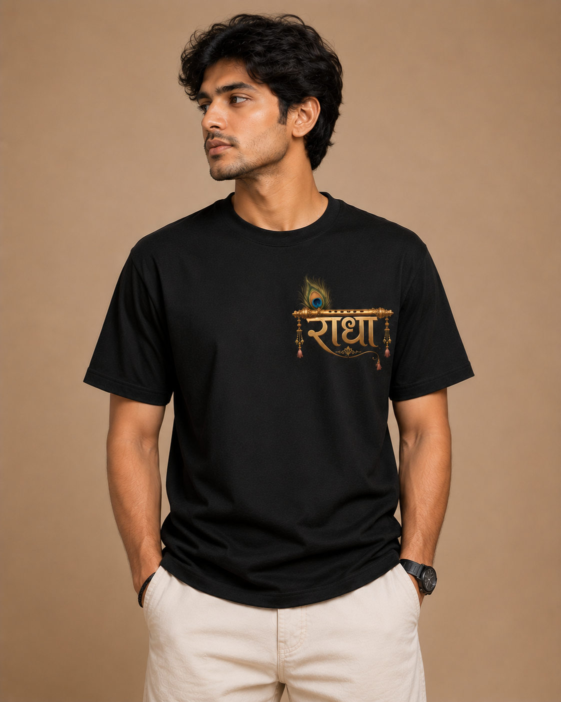 NYVRA Radha Divine Oversized Graphic T-Shirt for Men | Spiritual Aesthetic Back Print Tee | Regular Fit Black Cotton Tshirt